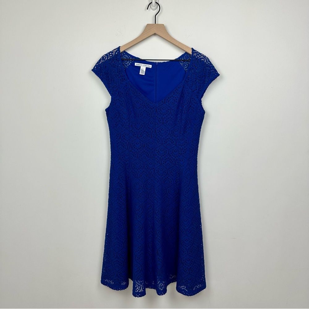 Maggy London Royal Blue Crochet Lace Overlay A Line Dress, 10